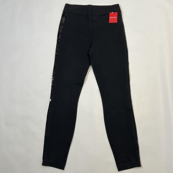 Spanx Ponte Skinny Pants Womens XS Black Sequin Trim High Rise Stretch Slim - Picture 1 of 12